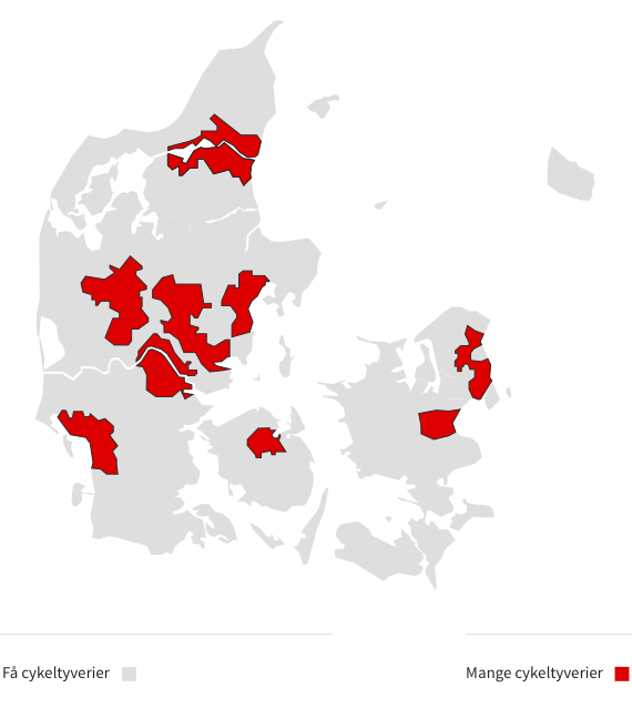 Danmarkskort over områder med flest stjålne cykler
