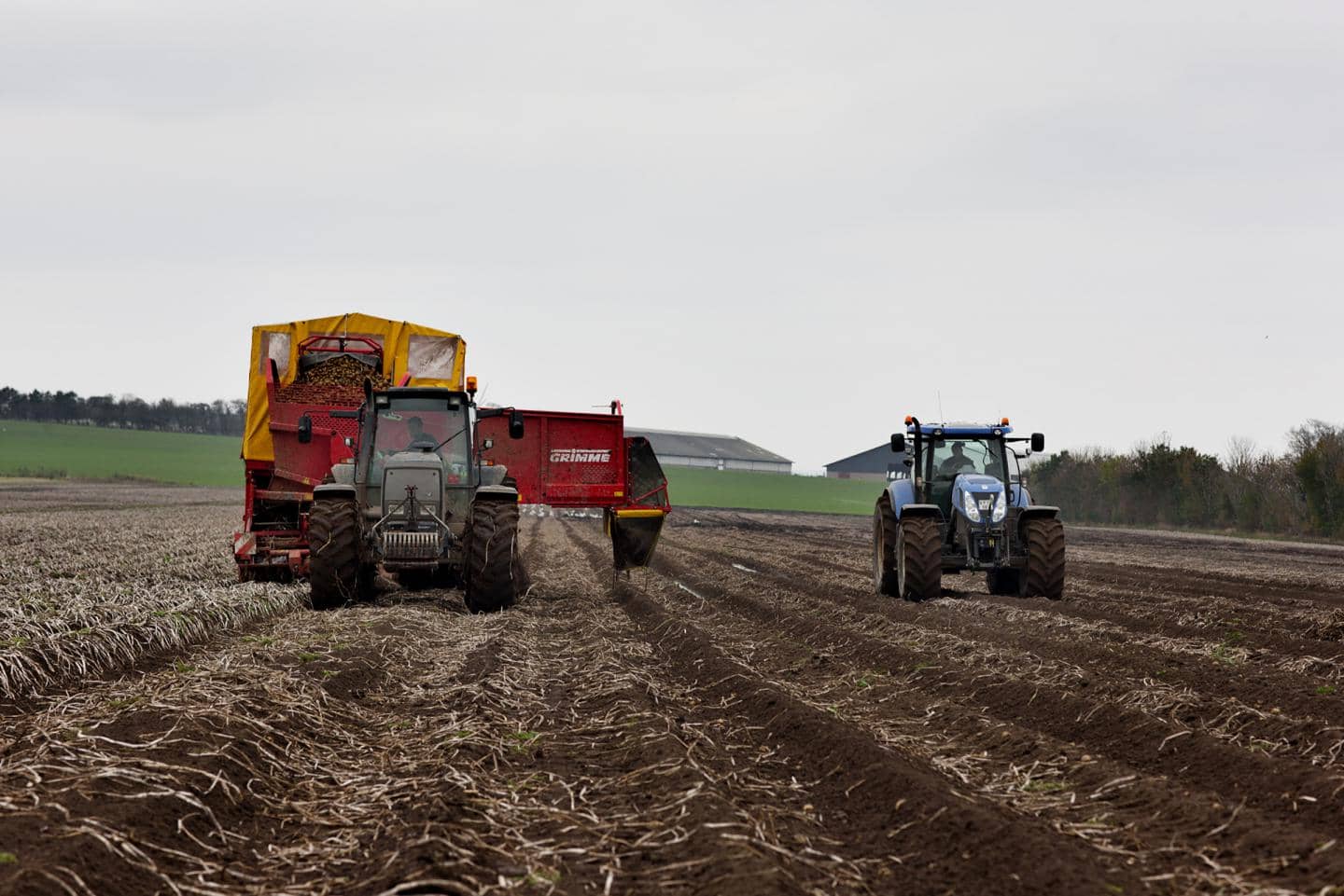 Landbrug -traktorer pløjer og høster mark